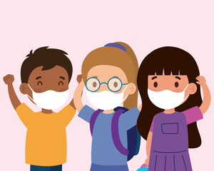 cute children wearing medical mask to prevent coronavirus covid 19, students children wearing protective medical mask vector illustration design