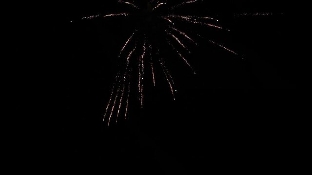 4th of July fireworks in slow motion. Pyrotechnics in the night sky top center screen trickle down. 180 fps.