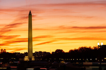 Washington Monument with red cloud  