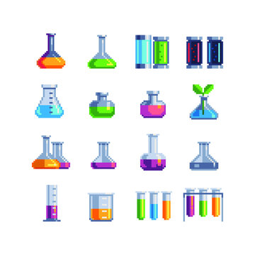 Flasks, Laboratory equipment pixel art icons set. Jars and beakers isolated vector illustration. Biology science education medical. Design for stickers, logo and mobile app. Game assets 8-bit 