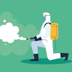 person in protective suit or clothing, spray to cleaning and disinfect virus, covid 19 disease, preventive measure vector illustration design