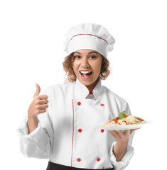 Female African-American chef with tasty dish on white background