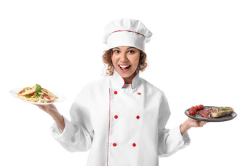 Female African-American chef with tasty dishes on white background