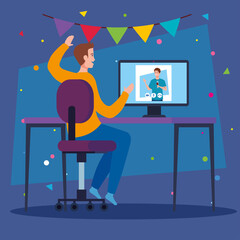 Fototapeta premium online party, meeting friends, men have online party together in quarantine, video conference in computer, party web camera online holiday vector illustration design