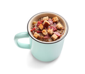 Cup of tasty lentils soup on white background