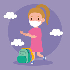 cute girl wearing medical mask to prevent coronavirus covid 19 with school bag, student girl wearing protective medical mask with school bag vector illustration design