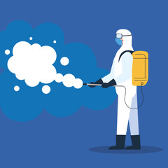 person in protective suit or clothing, spray to cleaning and disinfect virus, covid 19 disease, preventive measure vector illustration design