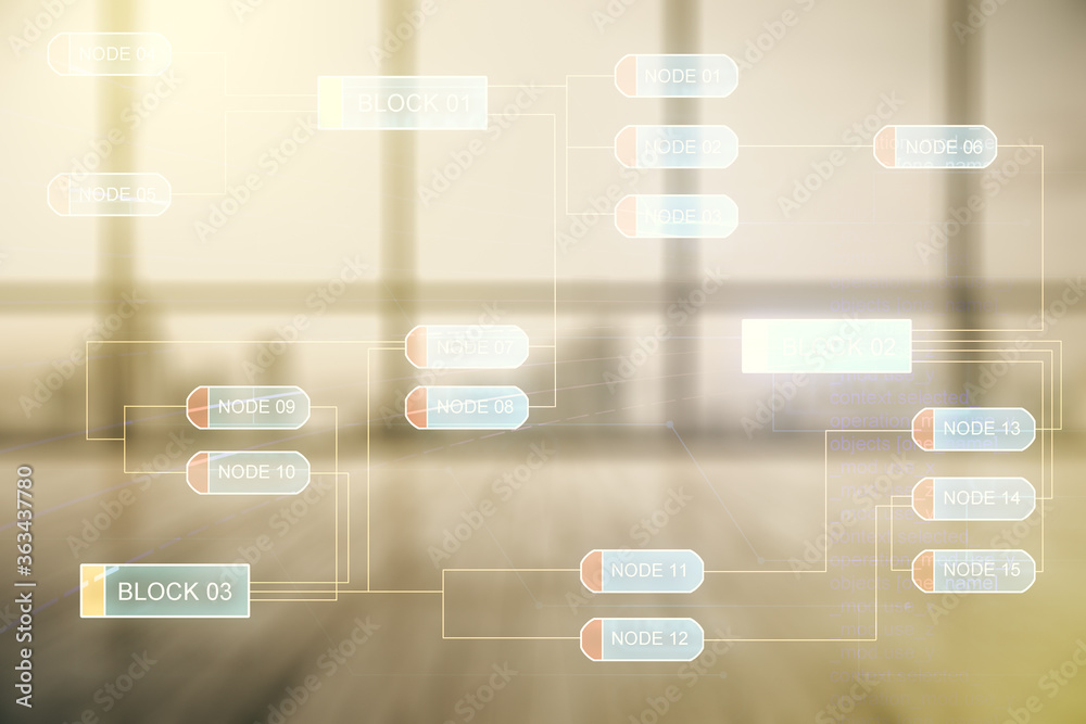 Poster double exposure of abstract programming language interface on empty modern office background, resear