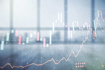 Abstract creative financial graph interface and world map on empty corporate office background, forex and investment concept. Multiexposure