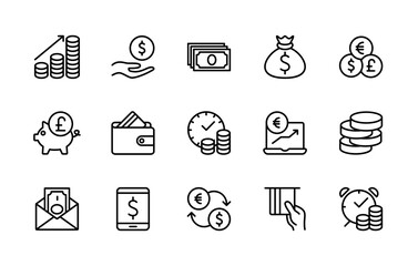 Money and finance linear set of vector icons. Contains linear icons such as cash, wallet, coins, piggy bank, credit card, bank, money, banknotes and much more. Simple vector character set.