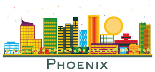Phoenix Arizona City Skyline with Color Buildings Isolated on White.