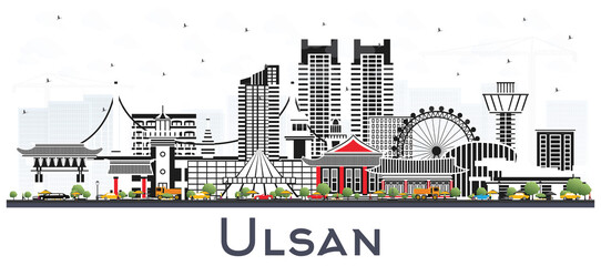 Obraz premium Ulsan South Korea City Skyline with Color Buildings Isolated on White.
