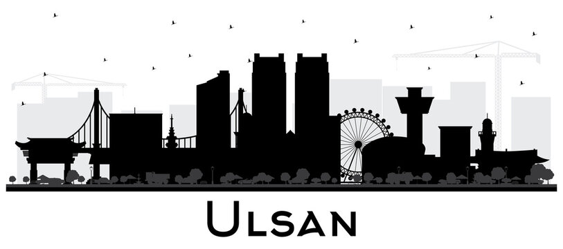 Ulsan South Korea City Skyline Silhouette with Black Buildings Isolated on White.