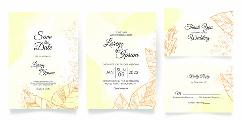 Fototapeta na wymiar Beautiful wedding card invitation template set with splash watercolor