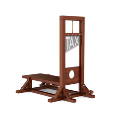 guillotine with text tax on white background. Isolated 3d illustration