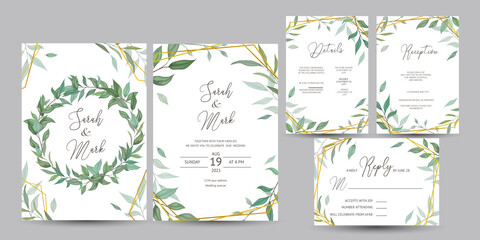 Fototapeta na wymiar sets wedding invitation or greeting card with foliage design