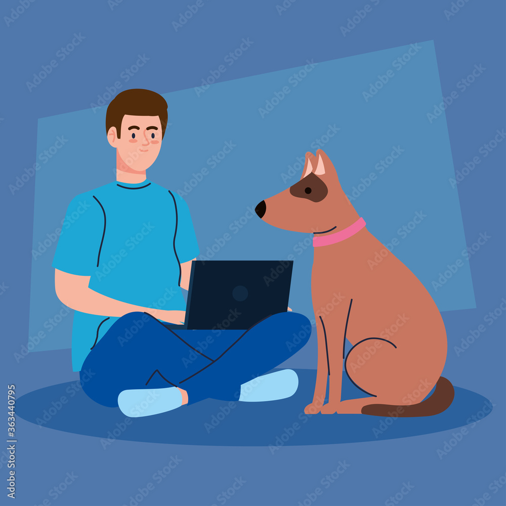 Sticker man sitting using laptop computer with dog pet vector illustration design