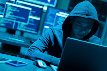 Asian male hacker use laptop