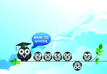 Comical back to school message with teacher and students sat on a branch set against a blue cloudy sky background