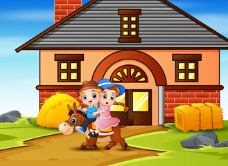 A boy and girl riding a horse in front the barn