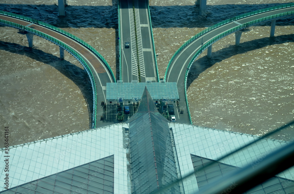 Wall mural hangzhou,china - august 2, 2019: different view of hangzhou bay bridge from watching tower.a highway