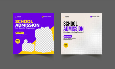 School education admission social media post & back to school web banner template or square flyer poster