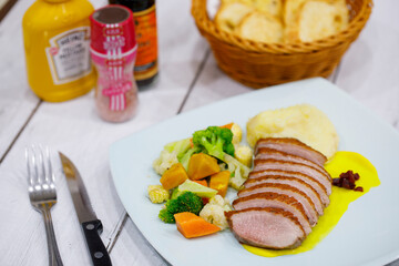 Duck Breast with Pumpkin Puree and Mashed potatoes
