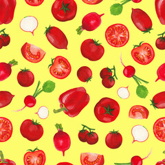 red vegetables seamless square pattern on a yellow background. Raster illustration of hand-drawn realistic vegetables of red color: tomato, pepper, radish and their cuts