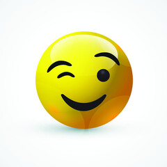 vector round yellow cartoon bubble Wink Winky Winking emoticons comment social media Facebook Instagram Whatsapp chat comment reactions, icon template face emoji character message