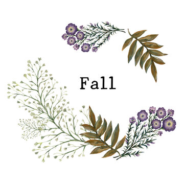 Watercolor wreath  Autumn Fall branches foliage with leaves and Hand drawn illustration Design for invitations fabric pattern scrapbook