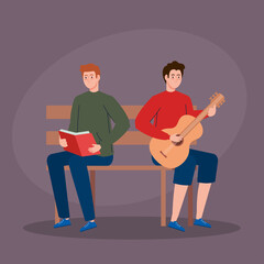 men sitting in park chair, young man playing guitar and man reading book vector illustration design