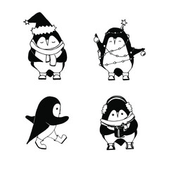 4 Black and white vector penguins for Christmas and New Year design. Cute characters of funny animals with a scarf, a hat, a cup, and a garland.
