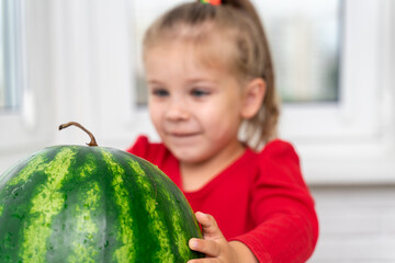 Fototapeta premium little girl touches a big watermelon and smiles while waiting