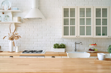 Kitchen wooden table top and kitchen blur background interior style scandinavian - 363444333
