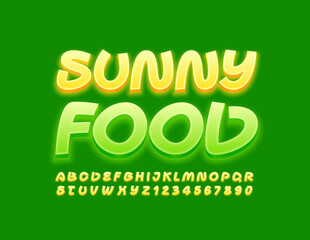 Vector bright emblem Sunny Food. Glowing Yellow Font. Creative lighting Alphabet Letters and Numbers
