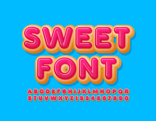 Vector Sweet Font. Pink Glazed Letters and Numbers. Dessert Donut Alphabet 