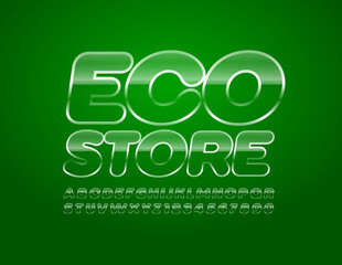 Vector creative poster Eco Store. Glass style Font. Transparent texture Alphabet letters and Numbers