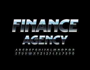 Vector elite metal logo Finance Agency with Elegant Silver Font. Chrome Alphabet Letters and Numbers