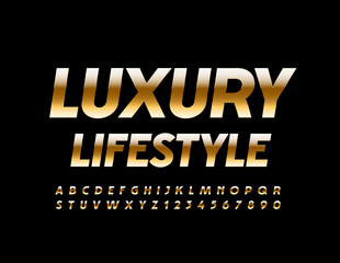 Vector elite emblem Luxury Lifestyle. Gold Elegant Font. Shiny chic Alphabet Letters and Numbers