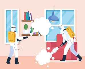 home disinfection by commercial disinfecting service, disinfectant workers with protective suit and spray prevent covid 19 vector illustration design