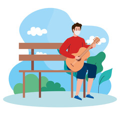 young man wearing medical mask, playing guitar sitting a park chair vector illustration design