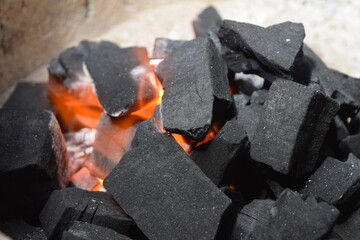 Charcoal with fire in the stove of the old Thai people in Thailand in Bangkok.