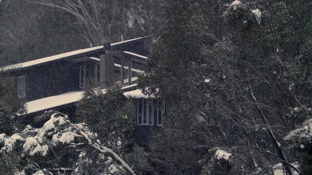 Snow falls slowly in front of a timber cabin in the Australian mountains