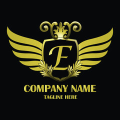 Luxury wing Initial Letter E Gold color with Shield. Vintage monogram logo perfect for book design, brand name, business card, Victory logo, vector logo template