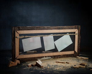 wooden frame with black background.