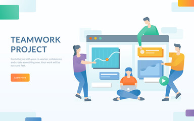 Teamwork concept vector, people work together, people interacting with graph, collaboration project, website landing page, brainstorming illustration, banner, template, web ui design