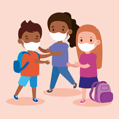 cute children wearing medical mask to prevent coronavirus covid 19, students children wearing protective medical mask vector illustration design