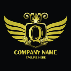 Luxury wing Initial Letter Q Gold color with Shield. Vintage monogram logo perfect for book design, brand name, business card, Victory logo, vector logo template