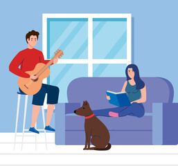 couple in living room, woman reading book with man playing guitar vector illustration design
