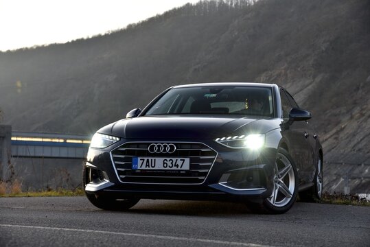 Audi A4. View of the whole car at the dam. 01-14-2020, Central Bohemia, Czech Republic.